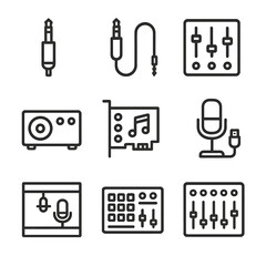 Audio Tech Icons. Outline icon set of audio technology: headphone jack, audio cable, mixer, amplifier, sound card, USB microphone,