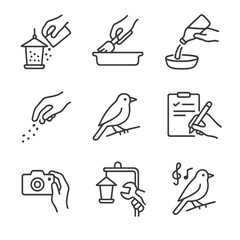 Fototapeta premium Birdwatching Icon Set. Outline icon set of feeding and observation actions: refill feeder, clean tray, fill water dish, scatter
