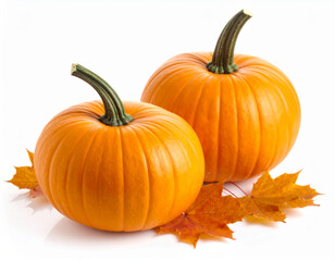 Obraz premium Two vibrant orange pumpkins with green stems and autumn leaves, perfect for fall