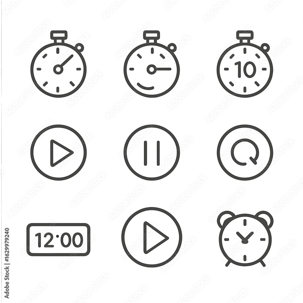Poster chronometer icon set. outline icon set of chronometer functions: stopwatch, lap timer, split time, c