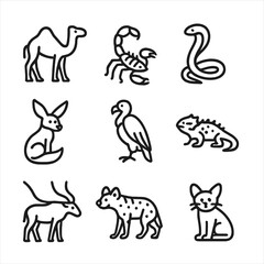 Desert Animals Icons. Outline icon set of desert beasts: camel, scorpion, cobra, fennec fox, vulture, horned lizard, addax, hyena,