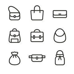 Bag Styles Icon Set. Outline icon set of bag styles: crossbody, tote, clutch, backpack, satchel, hobo, drawstring, belt bag,