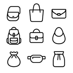 Bag Styles Icon Set. Outline icon set of bag styles: crossbody, tote, clutch, backpack, satchel, hobo, drawstring, belt bag,