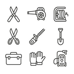 Obraz premium Backyard Maintenance Icons. Outline icon set of backyard maintenance: pruning shears, leaf blower, hose reel, garden scissors,