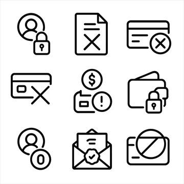 Closed Financial Icon Set. Outline icon set of closed financial icons: closed account, canceled transaction, rejected credit card,