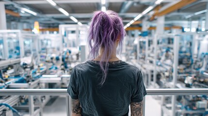 Alternative worker with colorful hair in modern industrial factory