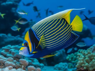 Fototapeta premium A vibrant emperor angelfish swims gracefully through a colorful coral reef