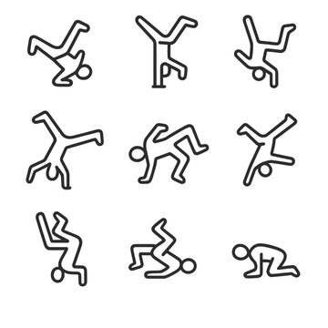 Breakdance Power Moves Icons. Outline icon set of breakdance power moves: windmill, headspin, flare, airflare, backspin, swipe,