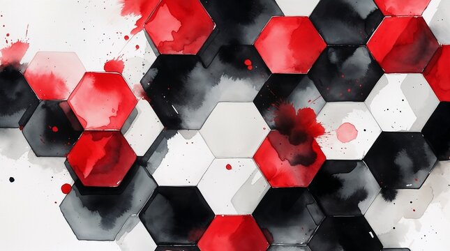 Game-Inspired Watercolor Hexagons in Red, Black, and White, Dynamic Perspective Illustration.