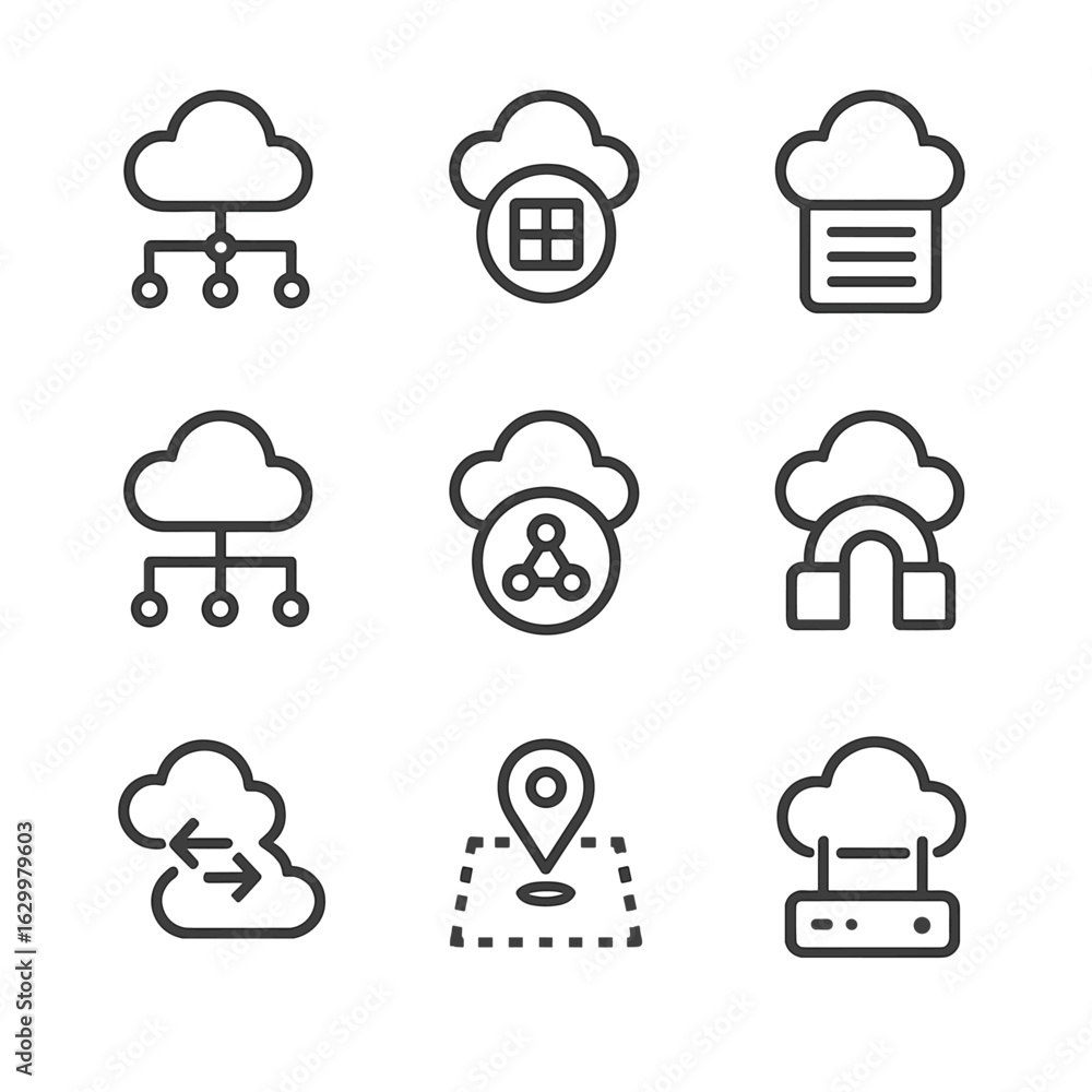 Poster cloud networking icons. outline icon set of cloud networking: virtual network, vpc, subnet, load bal