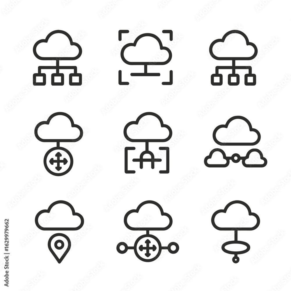 Poster cloud networking icons. outline icon set of cloud networking: virtual network, vpc, subnet, load bal