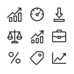 BRICS Economic Icons. Outline icon set of BRICS economic indicators: GDP growth chart, inflation gauge, unemployment rate bar,