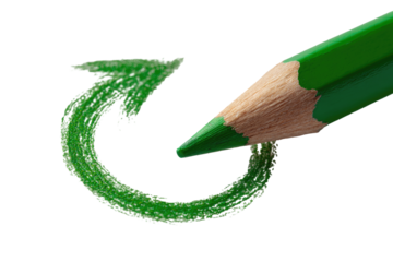 Close-up of a green colored pencil drawing a stylized, circular, upward-curving arrow.  The pencil's wooden shaft is visible