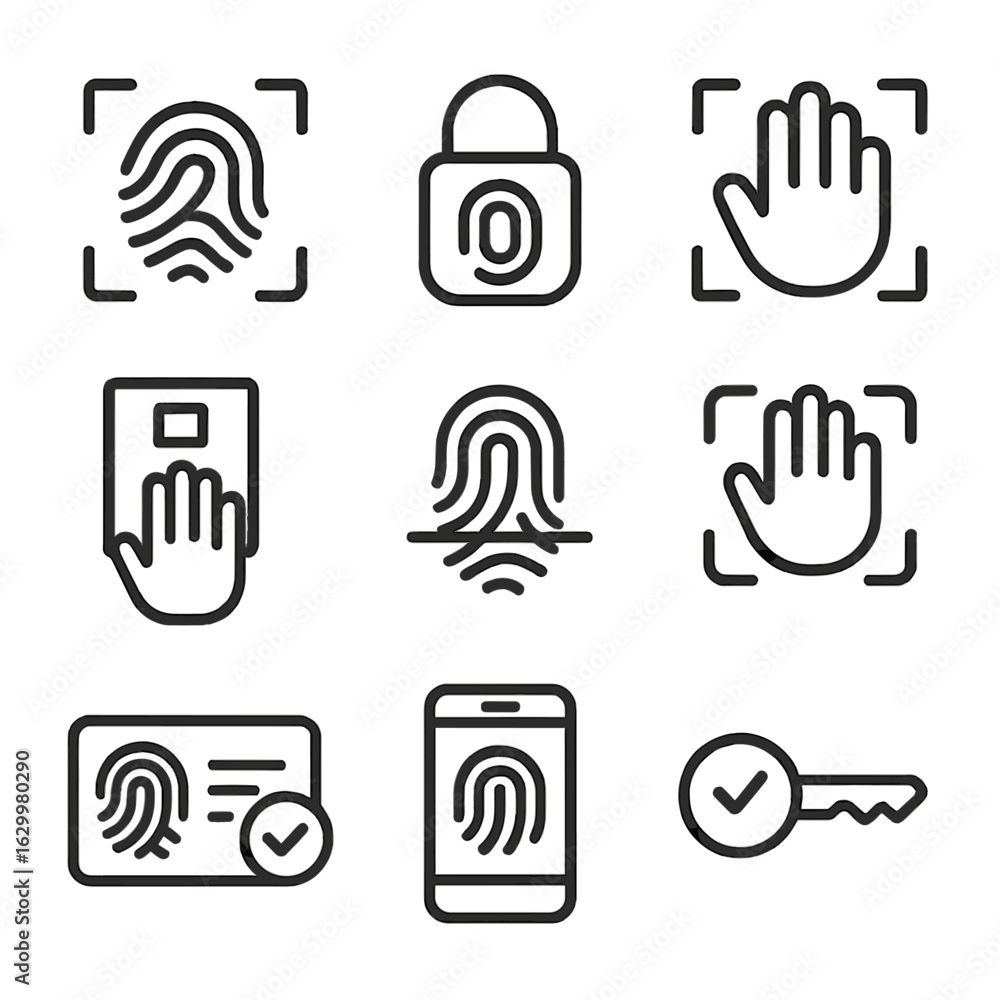 Poster biometric security icons. outline icon set of handprint technology and security: fingerprint scanner