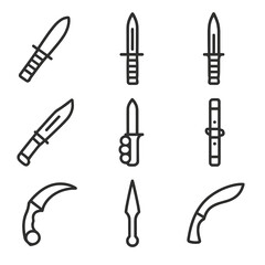Combat Knives Icon Set. Outline icon set of combat knives: tactical knife, bayonet, combat dagger, survival knife, trench knife,