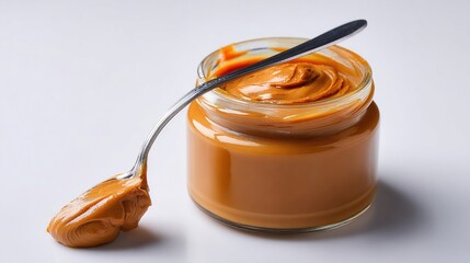 A glass jar filled with smooth, creamy spread, and a spoon dipped in the treat, on a white surface