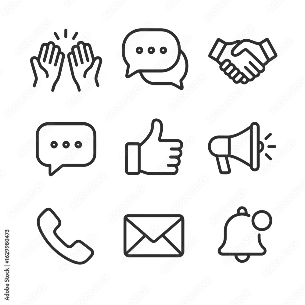 Poster communication icon set. outline icon set of clapping and communication: hands clapping with speech b