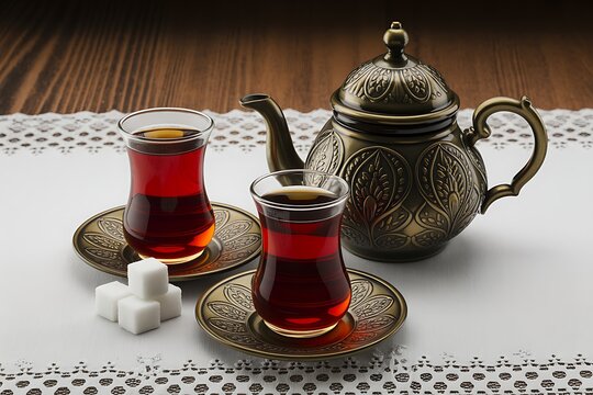 A traditional turkish tea set featuring two glasses of hot black tea, a decorative antique teapot, and sugar cubes, presented on a white lace tablecloth atop a rustic wooden surface