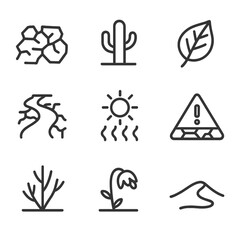 Naklejka premium Drought Icon Set. Outline icon set of dry: cracked earth, desert cactus, dry leaf, sun with heat waves, parched riverbed, drought