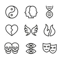 Obraz premium Duality Icon Collection. Outline icon set of duality symbols: yin-yang, two faces, double helix, split heart, mirrored wings, twin