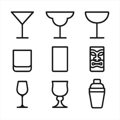 Cocktail Glass Icon Set. Outline icon set of cocktail glassware: martini glass, margarita glass, coupe glass, old fashioned glass,