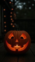 Glowing Jack-o'-Lantern with Spooky Face and Warm Candlelight Against Dark Bokeh-Filled Halloween Night Background