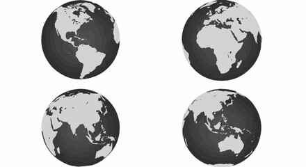 Set of four planet Earth globes with light grey land silhouette map on dark grey water background. 3D Vector illustration stock 