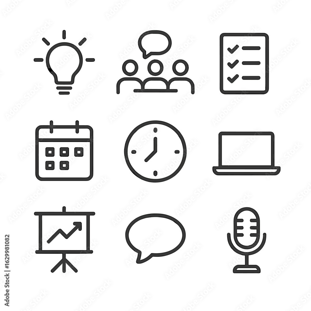 Poster brainstorming icon set. outline icon set of brainstorming session: lightbulb, group discussion, chec