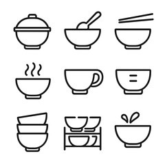 Bowl Accessories Icons. Outline icon set of bowl accessories: lid for bowl, spoon in bowl, chopsticks on bowl, bowl with steam,