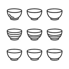 Bowl Icon Grid. Outline icon set of bowl materials: glass bowl, ceramic bowl, porcelain bowl, wooden bowl, metal bowl, bamboo bowl