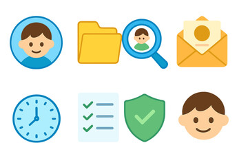 Child-like Data Icons. Flat vector mini-illustrations data subject access request in colors children's illustrations: user profile