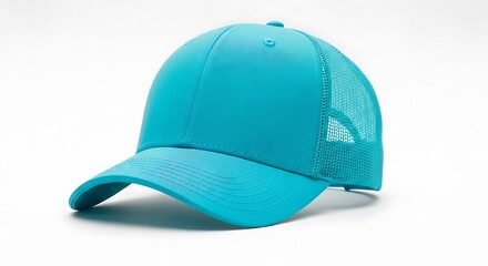 A bright teal trucker cap with mesh sides, angled for a dynamic studio shot