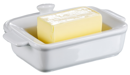Rectangular white ceramic butter warmer with a block of butter