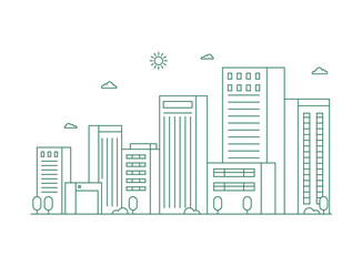 Obraz premium Cityscape. Modern flat line landscape vector. City landscape line art illustration with building, tower, skyscrapers. Vector illustration.