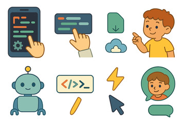Children's Code Editor Icons. Flat vector mini-illustrations mobile code editor app in colors children's illustrations: smartphone