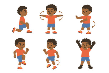 Children's Exercise Icons. Flat vector mini-illustrations athlete stretch warm up routine in colors children's illustrations: