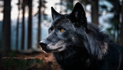 majestic black wolf gazes intensely into the night embodying the wild spirit of untamed nature in a mysterious low lit forest setting at dusk