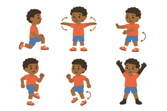 Children's Exercise Icons. Flat vector mini-illustrations athlete stretch warm up routine in colors children's illustrations: