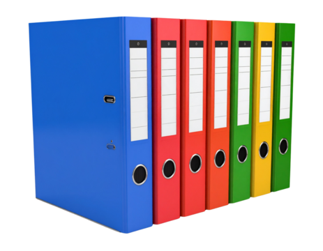  Stack of Multicolored Office Binders with Visible Tabs and Labels, Side View, Transparent PNG