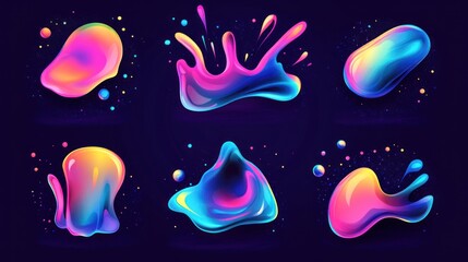 Abstract colorful liquid shapes, vibrant splashes, and blobs on dark background.