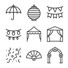 Event Decor Icons. Outline icon set of event decor: umbrella ceiling, paper lantern, bunting, string lights, party tent, stage