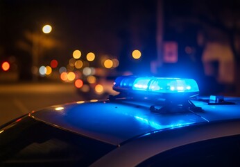 A police car's blue siren light flashing at night, symbolizing law enforcement and emergency services