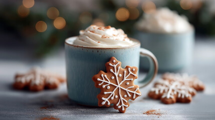 Blue ceramic mug with whipped cream and snowflake gingerbread cookie on light surface.