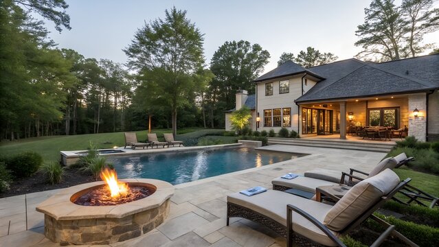 New home beautiful backyard with custom pool with fire pit