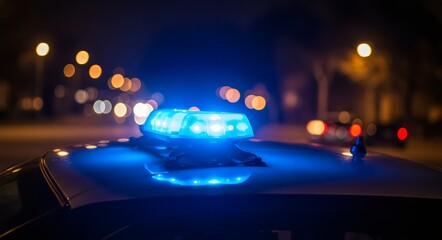 A police car's blue siren light flashing at night, symbolizing law enforcement and emergency services