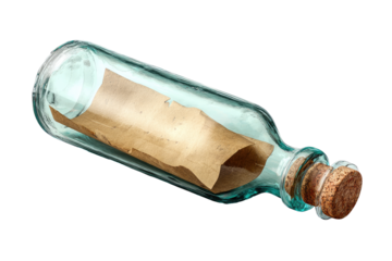 A message in a bottle, light teal glass, cork stopper