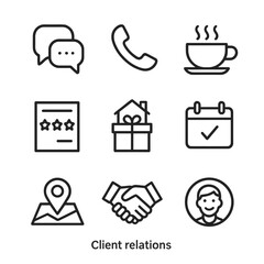 Client Relations Icons. Outline icon set of client relations: speech bubbles, phone receiver, coffee cup on table, feedback form
