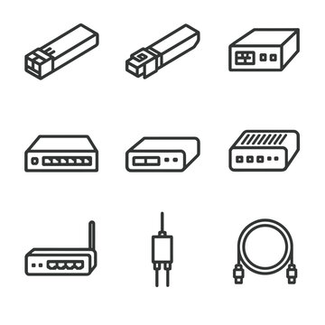 Fiber Device Icons. Outline icon set of fiber communication devices: optical transceiver, SFP module, fiber media converter, OLT