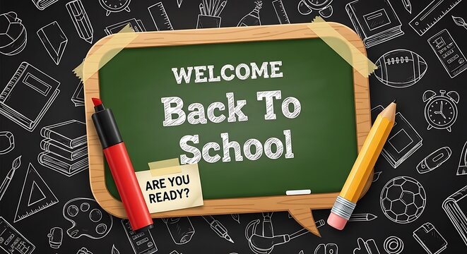 A vibrant welcome back to school message displayed on a chalkboard with colorful writing utensils and educational doodles