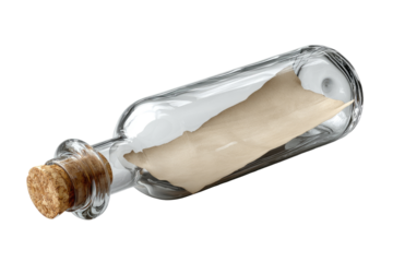 A clear glass bottle with a cork, holding a  light beige message in a bottle